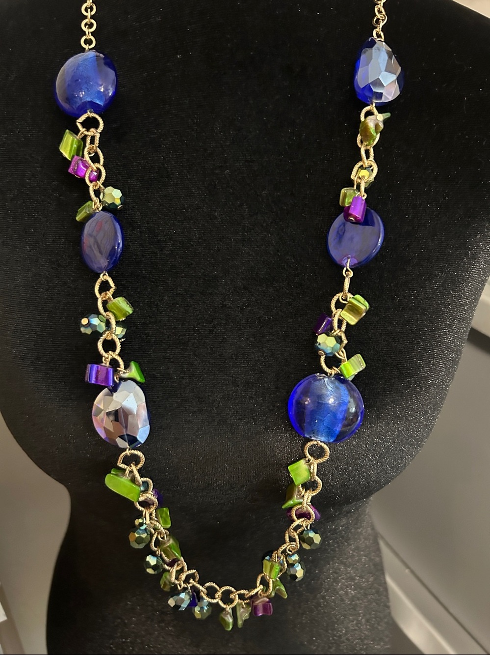 Blue Glass & Green Accent gold Long Necklace